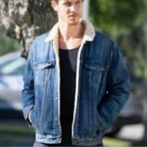 Vintage Men's Plain Pockets Blue Denim Jacket with Sherpa Lining